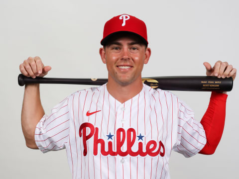 Feb 23, 2023; Clearwater, FL, USA; Philadelphia Phillies infielder Scott Kingery (4) during photo day at BayCare Ballpark. Mandatory Credit: Nathan Ray Seebeck-USA TODAY Sports