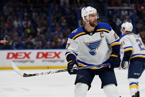 TAMPA, FL – NOVEMBER 27: St. Louis Blues defenseman Alex Pietrangelo (27) skates in the 1st period of the NHL game between the Saint Louis Blues and Tampa Bay Lightning on November 27, 2019 at Amalie Arena in Tampa, FL. (Photo by Mark LoMoglio/Icon Sportswire via Getty Images)