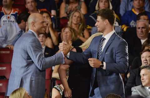 Jun 26, 2015; Sunrise, FL, USA; Pavel Zacha reacts with family members after being selected as the number six overall pick to the New Jersey Devils in the first round of the 2015 NHL Draft at BB&T Center. Mandatory Credit: Steve Mitchell-USA TODAY Sports