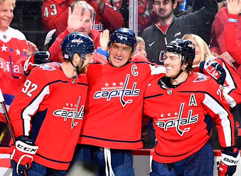 Evgeny Kuznetsov, T.J. Oshie, Alex Ovechkin, Washington Capitals Mandatory Credit: Brad Mills-USA TODAY Sports