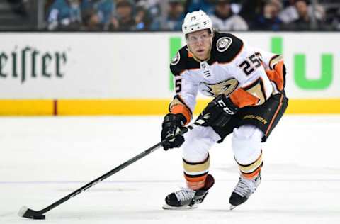 SAN JOSE, CA: Ondrej Kase #25 of the Anaheim Ducks skates up ice with control of the puck against the San Jose Sharks during the first period in Game Four of the 2018 Western Conference First Round on April 18, 2018. (Photo by Thearon W. Henderson/Getty Images)