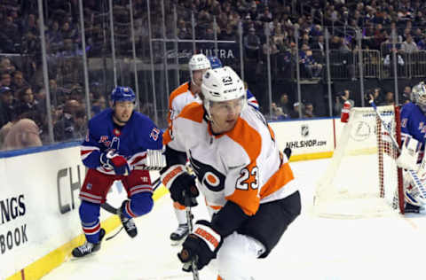 NEW YORK, NEW YORK – NOVEMBER 01: Lukas Sedlak #23 of the Philadelphia Flyers skates against the New York Rangers at Madison Square Garden on November 01, 2022 in New York City. The Rangers defeated the Flyers 1-0 in overtime. (Photo by Bruce Bennett/Getty Images)