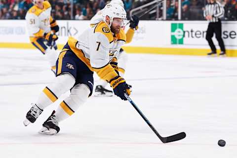 SAN JOSE, CA – NOVEMBER 09: Nashville Predators defenseman Yannick Weber (7) carries the puck during the San Jose Sharks game versus the Nashville Predators on November 9, 2019, at SAP Center at San Jose in San Jose, CA.” (Photo by Matt Cohen/Icon Sportswire via Getty Images)