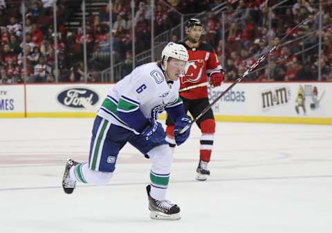 NEWARK, NEW JERSEY – OCTOBER 19: Brock Boeser #6 of the Vancouver Canucks skates against the New Jersey Devils at the Prudential Center on October 19, 2019 in Newark, New Jersey. (Photo by Bruce Bennett/Getty Images)