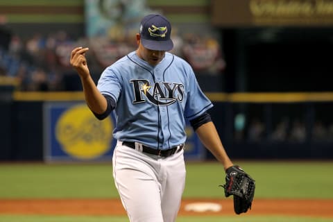 ST. PETERSBURG, FL – APR 01: Yonny Chirinos (72) of the Rays walks back to the dugout at the completion of his first inning as he makes his MLB debut during the MLB regular season game between the Boston Red Sox and the Tampa Bay Rays on April 01, 2018, at Tropicana Field in St. Petersburg, FL. (Photo by Cliff Welch/Icon Sportswire via Getty Images)