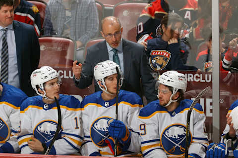 SUNRISE, FL – APRIL 8: Head coach Don Granato of the Buffalo Sabres directs the players during the second period against the Florida Panthers at the FLA Live Arena on April 8, 2022 in Sunrise, Florida. (Photo by Joel Auerbach/Getty Images)