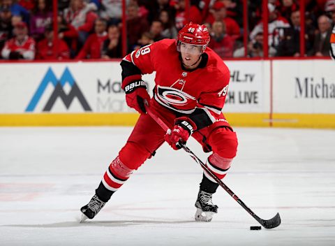 RALEIGH, NC – OCTOBER 29: Victor Rask #49 of the Carolina Hurricanes controls a puck on the ice during an NHL game against the Anaheim Ducks on October 29, 2017 at PNC Arena in Raleigh, North Carolina. (Photo by Gregg Forwerck/NHLI via Getty Images)