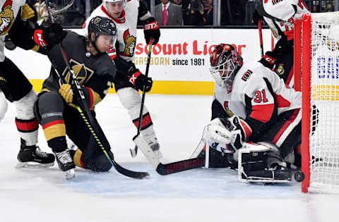 LAS VEGAS, NEVADA – OCTOBER 17: Anders Nilsson #31 of the Ottawa Senators saves a shot by William Karlsson #71 of the Vegas Golden Knights during the third period at T-Mobile Arena on October 17, 2019 in Las Vegas, Nevada. (Photo by Jeff Bottari/NHLI via Getty Images)