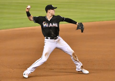 MIAMI, FL – AUGUST 31: Brian Anderson #15 of the Miami Marlins in action against the Toronto Blue Jays at Marlins Park on August 31, 2018 in Miami, Florida. (Photo by Mark Brown/Getty Images)