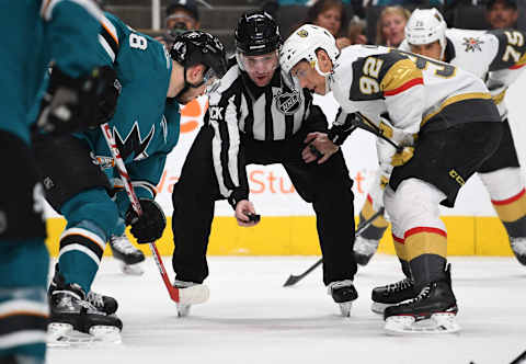 SAN JOSE, CA – APRIL 23: Tomas Hertl #48 of the San Jose Sharks faces off with Tomas Nosek #92 of the Vegas Golden Knights during the second period in Game Seven of the Western Conference First Round during the 2019 Stanley Cup Playoffs at SAP Center on April 23, 2019 in San Jose, California. (Photo by Jeff Bottari/NHLI via Getty Images)