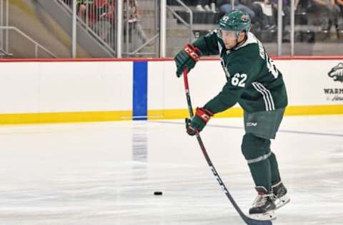 SAINT PAUL, MN – JUNE 28: Minnesota Wild Development Camp attendee Alexander Khovanov (62) takes a shot on goal during the Minnesota Wild Development Camp 3-on-3 Tournament on June 28, 2019, at TRIA Rink at Treasure Island Center in St. Paul, MN (Photo by Nick Wosika/Icon Sportswire via Getty Images)