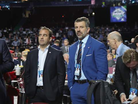 VANCOUVER, BRITISH COLUMBIA – JUNE 22: (L-R) Geoff Molson and Marc Bergevin of the Montreal Canadiens attend the 2019 NHL Draft at Rogers Arena on June 22, 2019 in Vancouver, Canada. (Photo by Bruce Bennett/Getty Images)