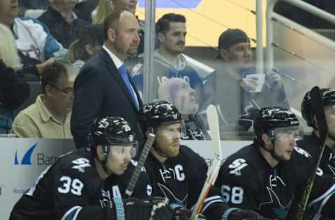 Nov 3, 2016; San Jose, CA, USA; San Jose Sharks head coach Peter DeBoer looks on during play against Calgary Flames during the second period at SAP Center at San Jose. Mandatory Credit: Neville E. Guard-USA TODAY Sports