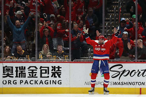 WASHINGTON, DC – FEBRUARY 23: Tom Wilson #43 of the Washington Capitals celebrates his goal against the Pittsburgh Penguins during the third period at Capital One Arena on February 23, 2020 in Washington, DC. (Photo by Patrick Smith/Getty Images)