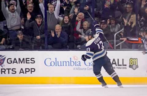 COLUMBUS, OH – DECEMBER 4: Cam Atkinson #13 of the Columbus Blue Jackets celebrates after scoring a goal during the game against the Calgary Flames on December 4, 2018 at Nationwide Arena in Columbus, Ohio. (Photo by Kirk Irwin/Getty Images)