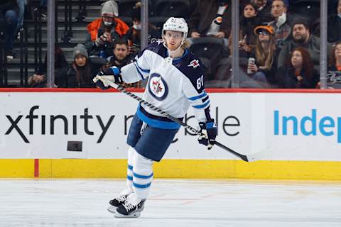 PHILADELPHIA, PENNSYLVANIA – FEBRUARY 01: Kyle Connor #81 of the Winnipeg Jets looks on after scoring during the first period against the Philadelphia Flyers at Wells Fargo Center on February 01, 2022, in Philadelphia, Pennsylvania. (Photo by Tim Nwachukwu/Getty Images)