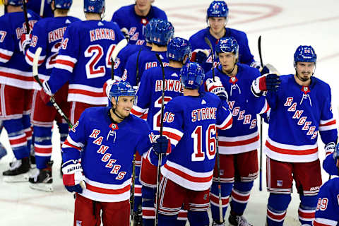 The New York Rangers celebrate their 6-4 win over the Winnipeg Jets at Madison Square Garden