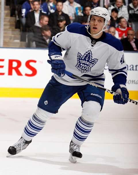 TORONTO, CANADA – NOVEMBER 18:Nikolai Kulemin #41 of the Toronto Maple Leafs skates up the ice during game action against the New Jersey Devils at the Air Canada Centre November 18, 2010 in Toronto, Ontario, Canada. (Photo by Abelimages / Getty Images)