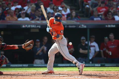 CLEVELAND, OH – OCTOBER 08: Alex Bregman #2 of the Houston Astros is hit by a pitch in the third inning against the Cleveland Indians during Game Three of the American League Division Series at Progressive Field on October 8, 2018 in Cleveland, Ohio. (Photo by Gregory Shamus/Getty Images)