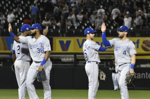 CHICAGO, IL – AUGUST 18: The Kansas City Royals celebrate their 3-1 win against the Chicago White Sox on August 18, 2018 at Guaranteed Rate Field in Chicago, Illinois. The Royals won 3-1. (Photo by David Banks/Getty Images)