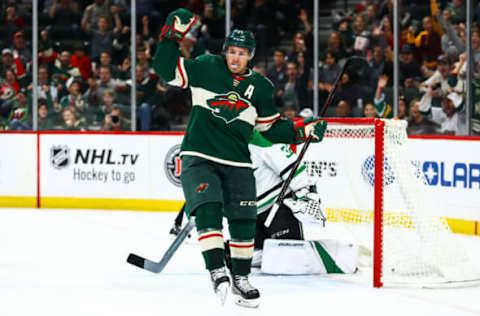 ST. PAUL, MN – SEPTEMBER 20: Minnesota Wild left wing Zach Parise (11) celebrates after scoring in the 2nd period to make it 1-1 during the preseason game between the Dallas Stars and the Minnesota Wild on September 20, 2018 at Xcel Energy Center in St. Paul, Minnesota. (Photo by David Berding/Icon Sportswire via Getty Images)