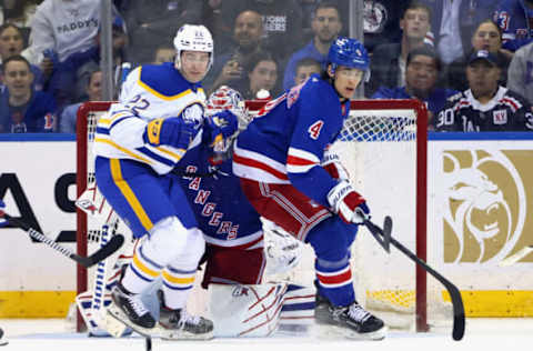 NEW YORK, NEW YORK – APRIL 10: Jack Quinn #22 of the Buffalo Sabres skates against the New York Rangers at Madison Square Garden on April 10, 2023 in New York City. The Sabres defeated the Rangers 3-2 in the shootout. (Photo by Bruce Bennett/Getty Images)