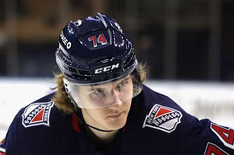 NEW YORK, NEW YORK – APRIL 08: Vitali Kravtsov #74 of the New York Rangers skates against the Pittsburgh Penguins at Madison Square Garden on April 08, 2021 in New York City. The Penguins defeated the Rangers 5-2. (Photo by Bruce Bennett/Getty Images)