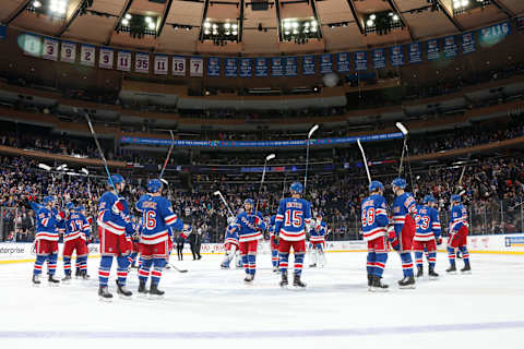 NEW YORK, NY – NOVEMBER 27: The New York Rangers salute the crowd after defeating the Carolina Hurricanes 3-2 at Madison Square Garden on November 27, 2019 in New York City. (Photo by Jared Silber/NHLI via Getty Images)