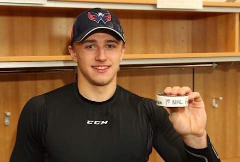 BUFFALO, NY – DECEMBER 09: Jakub Vrana #13 of the Washington Capitals holds the puck from his first career NHL goal scored against the Buffalo Sabres at the KeyBank Center on December 9, 2016 in Buffalo, New York. Washington won, 4-1. (Photo by Bill Wippert/NHLI via Getty Images)