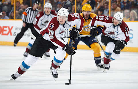 NASHVILLE, TN – FEBRUARY 23: Nathan MacKinnon #29 of the Colorado Avalanche skates against the Nashville Predators during an NHL game at Bridgestone Arena on February 23, 2017 in Nashville, Tennessee. (Photo by John Russell/NHLI via Getty Images)