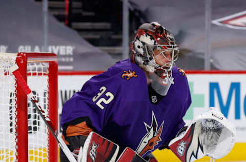 GLENDALE, ARIZONA – FEBRUARY 27: Goaltender Antti Raanta #32 of the Arizona Coyotes in action during the second period of the NHL game against the Colorado Avalanche at Gila River Arena on February 27, 2021, in Glendale, Arizona. (Photo by Christian Petersen/Getty Images)