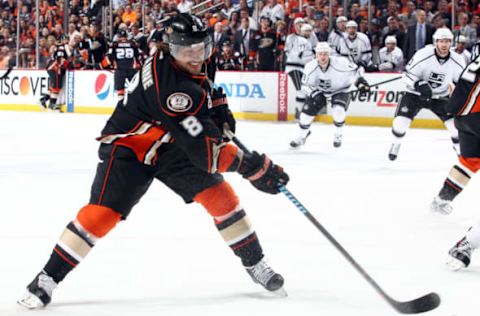 ANAHEIM, CA: Teemu Selanne #8 of the Anaheim Ducks handles the puck against the Los Angeles Kings in Game Two of the Second Round of the 2014 Stanley Cup Playoffs on May 5, 2014. (Photo by Debora Robinson/NHLI via Getty Images)