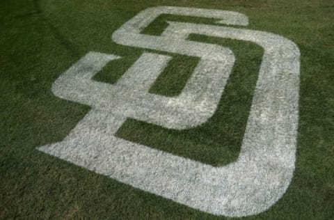 Oct 1, 2015; San Diego, CA, USA; A detailed view of the San Diego Padres logo on the field before the game against the Milwaukee Brewers at Petco Park. Mandatory Credit: Jake Roth-USA TODAY Sports