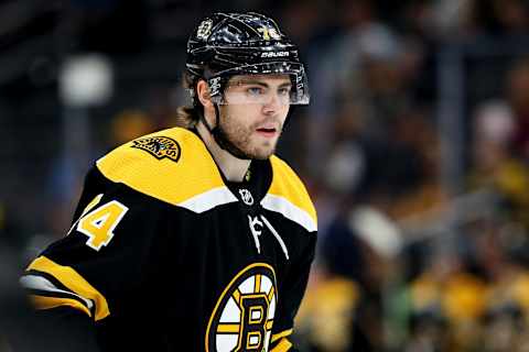 BOSTON, MASSACHUSETTS – SEPTEMBER 23: Jake DeBrusk #74 of the Boston Bruins looks on during the first period of the preseason game between the Philadelphia Flyers and the Boston Bruins at TD Garden on September 23, 2019 in Boston, Massachusetts. (Photo by Maddie Meyer/Getty Images)