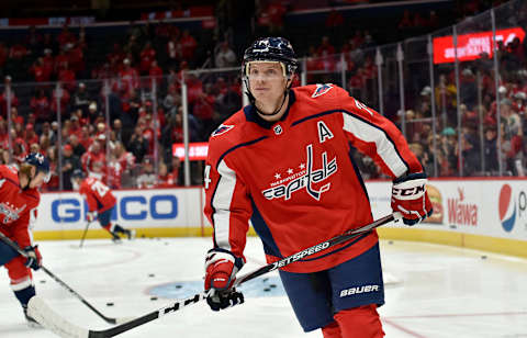 WASHINGTON, DC – NOVEMBER 03: Capitals defenseman John Carlson (74) skates before the Calgary Flames vs. Washington Capitals on November 3, 2019 at Capital One Arena in Washington, D.C.. (Photo by Randy Litzinger/Icon Sportswire via Getty Images)