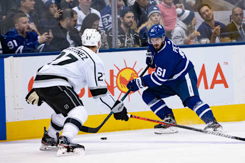 TORONTO, ON – NOVEMBER 05: Toronto Maple Leafs Winger Nic Petan (61) skates with the puck during the NHL regular season game between the Los Angeles Kings and the Toronto Maple Leafs on November 5, 2019, at Scotiabank Arena in Toronto, ON, Canada. (Photo by Julian Avram/Icon Sportswire via Getty Images)