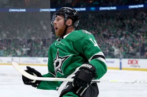 DALLAS, TEXAS – MAY 02: Joe Pavelski #16 of the Dallas Stars celebrates after scoring a goal against the Seattle Kraken in the first period in Game One of the Second Round of the 2023 Stanley Cup Playoffs at American Airlines Center on May 02, 2023 in Dallas, Texas. (Photo by Tom Pennington/Getty Images)