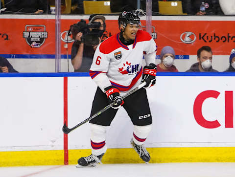 KITCHENER, ONTARIO – MARCH 23: Noah Warren #6 of Team White skates against Team Red in the 2022 CHL/NHL Top Prospects Game at Kitchener Memorial Auditorium on March 23, 2022 in Kitchener, Ontario. (Photo by Chris Tanouye/Getty Images)