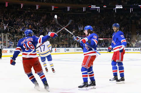 NEW YORK, NEW YORK – APRIL 10: Artemi Panarin #10 of the New York Rangers (C) celebrates his goal at 11:12 of the second period against the Buffalo Sabres at Madison Square Garden on April 10, 2023 in New York City. (Photo by Bruce Bennett/Getty Images)