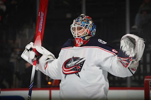 Elvis Merzlikins #90, Columbus Blue Jackets (Photo by Bruce Bennett/Getty Images)