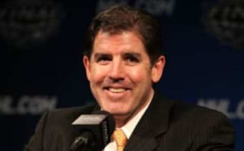 PHILADELPHIA – JUNE 04: Head coach Peter Laviolette of the Philadelphia Flyers attends a press conference after defeating the Chicago Blackhawks 5-3 in Game Four of the 2010 NHL Stanley Cup Final at Wachovia Center on June 4, 2010, in Philadelphia, Pennsylvania. (Photo by Al Bello/Getty Images)