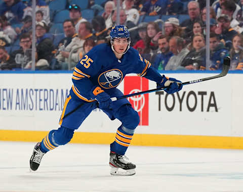 BUFFALO, NY – APRIL 14: Owen Power #25 of the Buffalo Sabres playing in his home debut NHL 1st overall pick against the St. Louis Blues at KeyBank Center on April 14, 2022 in Buffalo, New York. (Photo by Kevin Hoffman/Getty Images)