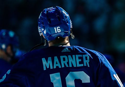 TORONTO, ON – APRIL 17: Mitchell Marner #16 of the Toronto Maple Leafs during opening ceremonies before a game against the Boston Bruins during the first period during Game Four of the Eastern Conference First Round during the 2019 NHL Stanley Cup Playoffs at the Scotiabank Arena on April 17, 2019 in Toronto, Ontario, Canada. (Photo by Kevin Sousa/NHLI via Getty Images)