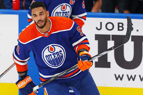 Oct 14, 2023; Edmonton, Alberta, CAN; Edmonton Oilers forward Evander Kane (91) skates during warmup against the Vancouver Canucks at Rogers Place. Mandatory Credit: Perry Nelson-USA TODAY Sports