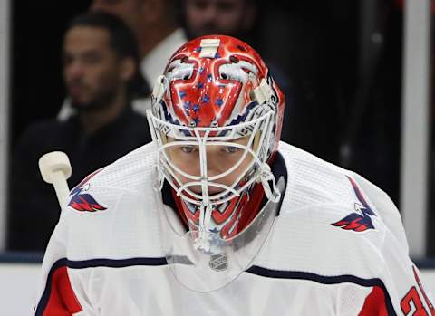 UNIONDALE, NEW YORK – OCTOBER 04: Ilya Samsonov #30 of the Washington Capitals skates in his first NHL game against the New York Islanders at NYCB Live’s Nassau Coliseum on October 04, 2019 in Uniondale, New York. The Capitals defeated the Islanders 2-1. (Photo by Bruce Bennett/Getty Images)