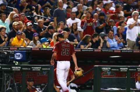 May 18, 2016; Phoenix, AZ, USA; Arizona Diamondbacks pitcher Shelby Milller heads to the dugout after being pulled from the game against the New York Yankees at Chase Field. Mandatory Credit: Mark J. Rebilas-USA TODAY Sports