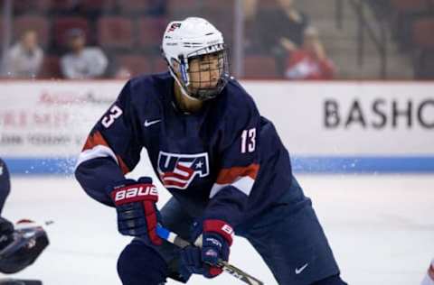 BOSTON, MA – OCTOBER 6: Tyler Inamoto #13 of the U.S. National Under-18 Team skates against the Boston University Terriers during NCAA exhibition hockey at Agganis Arena on October 6, 2016, in Boston, Massachusetts. The Terriers won 8-2. (Photo by Richard T Gagnon/Getty Images)