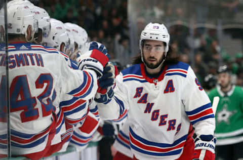 DALLAS, TEXAS – MARCH 10: Mika Zibanejad #93 of the New York Rangers celebrates his goal against the Dallas Stars during the first period at American Airlines Center on March 10, 2020 in Dallas, Texas. (Photo by Ronald Martinez/Getty Images)