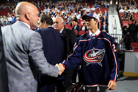 MONTREAL, QUEBEC – JULY 08: Luca Del Bel Belluz is selected by the Columbus Blue Jackets during Round Two of the 2022 Upper Deck NHL Draft at Bell Centre on July 08, 2022 in Montreal, Quebec, Canada. (Photo by Bruce Bennett/Getty Images)