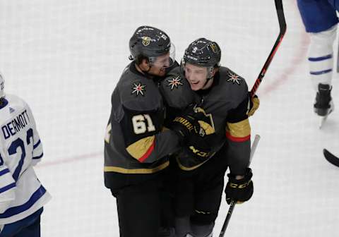 LAS VEGAS, NV – NOVEMBER 19: Vegas Golden Knights center Cody Glass (9) celebrates with right wing Mark Stone (61) after scoring a goal against the Toronto Maple Leafs during a regular season game Tuesday, Nov. 19, 2019, at T-Mobile Arena in Las Vegas, Nevada. (Photo by: Marc Sanchez/Icon Sportswire via Getty Images)